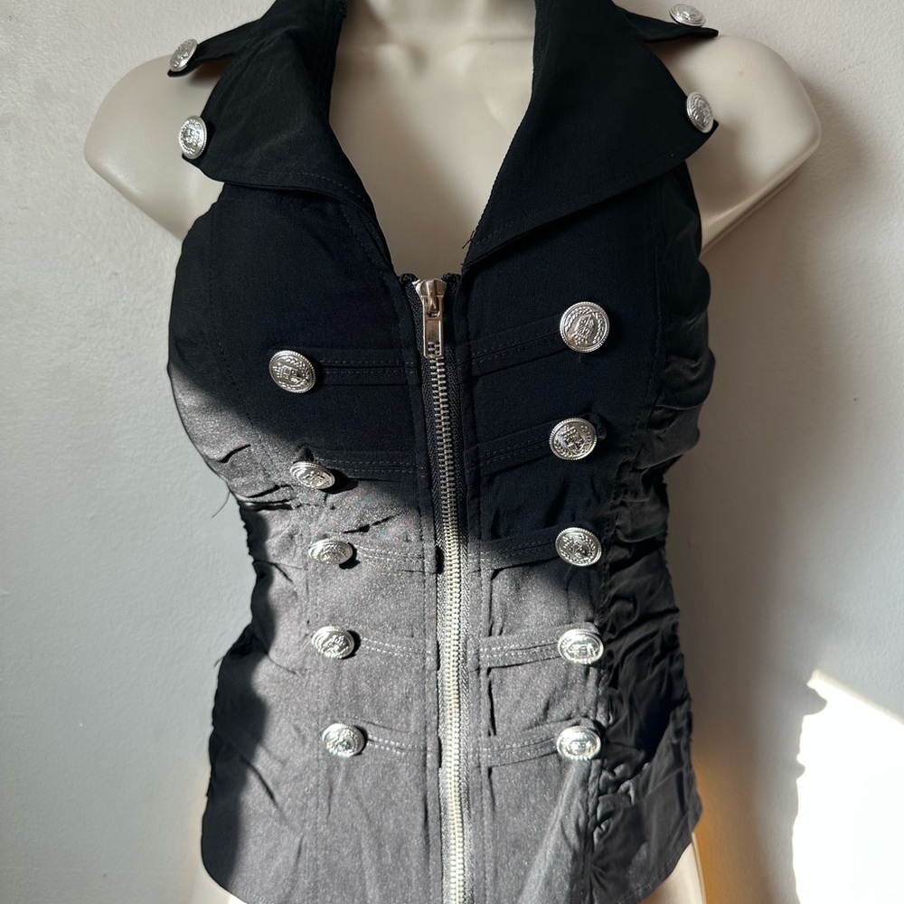Black Sleeveless Zip-Up Top with Silver Buttons